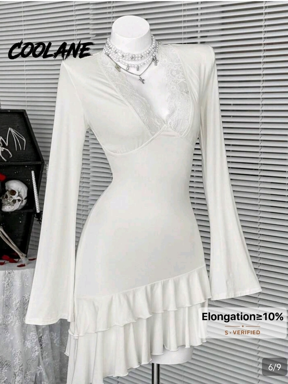 Shein Ivory Lace-Trim Long Sleeve Ruffle Mini Dress